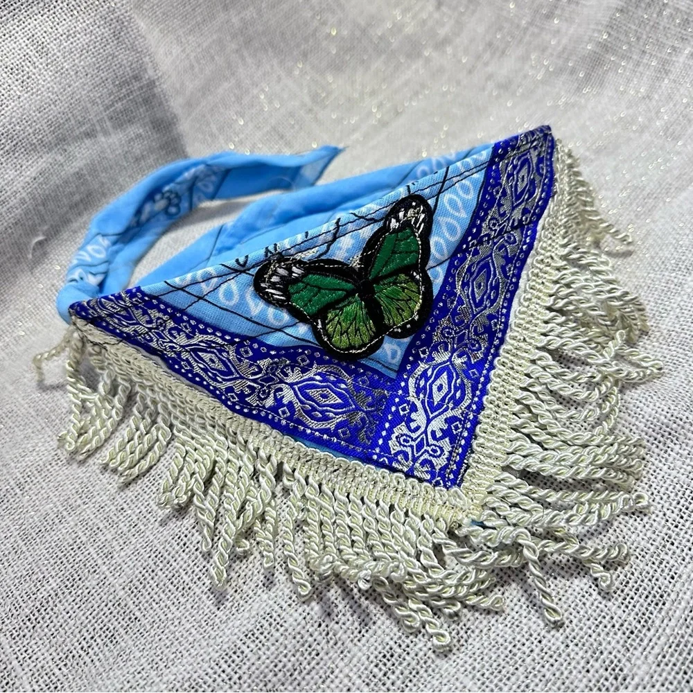 Fringe Blue Scarf, Silver Metallic Neckerchief Head Wrap 6x29 Handmade OOAK
